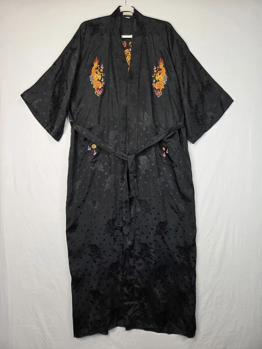 Golden Bee‎ Black Dragon Embroidered Rayon Kimono Robe Sz L Floral Jacquard Long